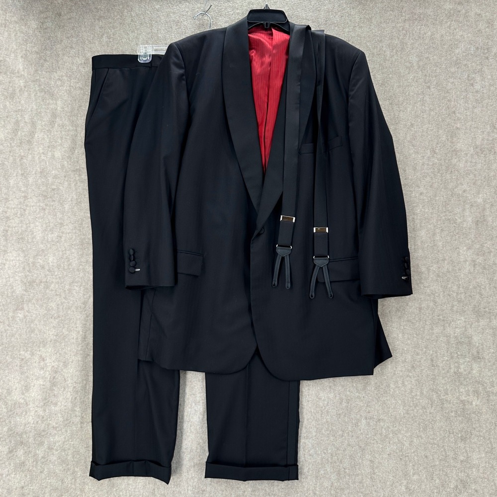 Holland & Sherry Tuxedo Suit Mens‎ Black Wool Blazer 50L Pants 46x31 Suspenders